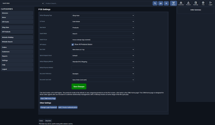 The POS Settings page showing all available options